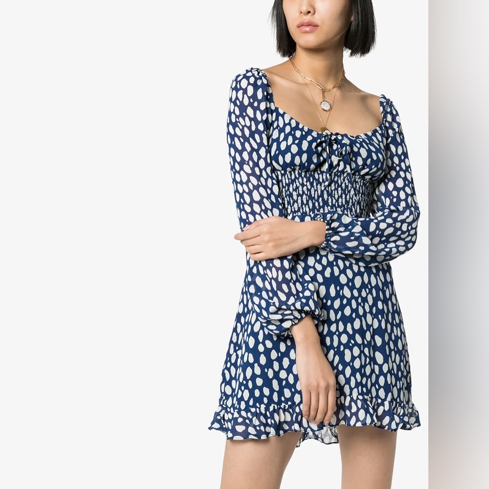 Reformation Navy Blue And White Polka Dot Mini Dress